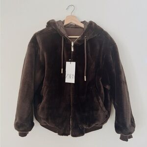 Zara Brown Reversible Faux Fur Bomber Jacket size XS
